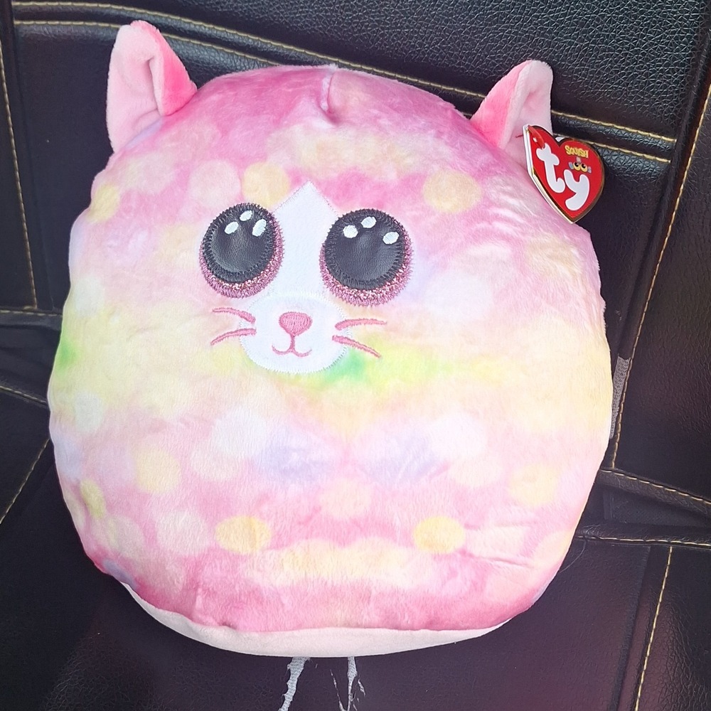 Ty Pink Rainbow Multicolor Cat Round Beanbag Plush Toy Squish Boos